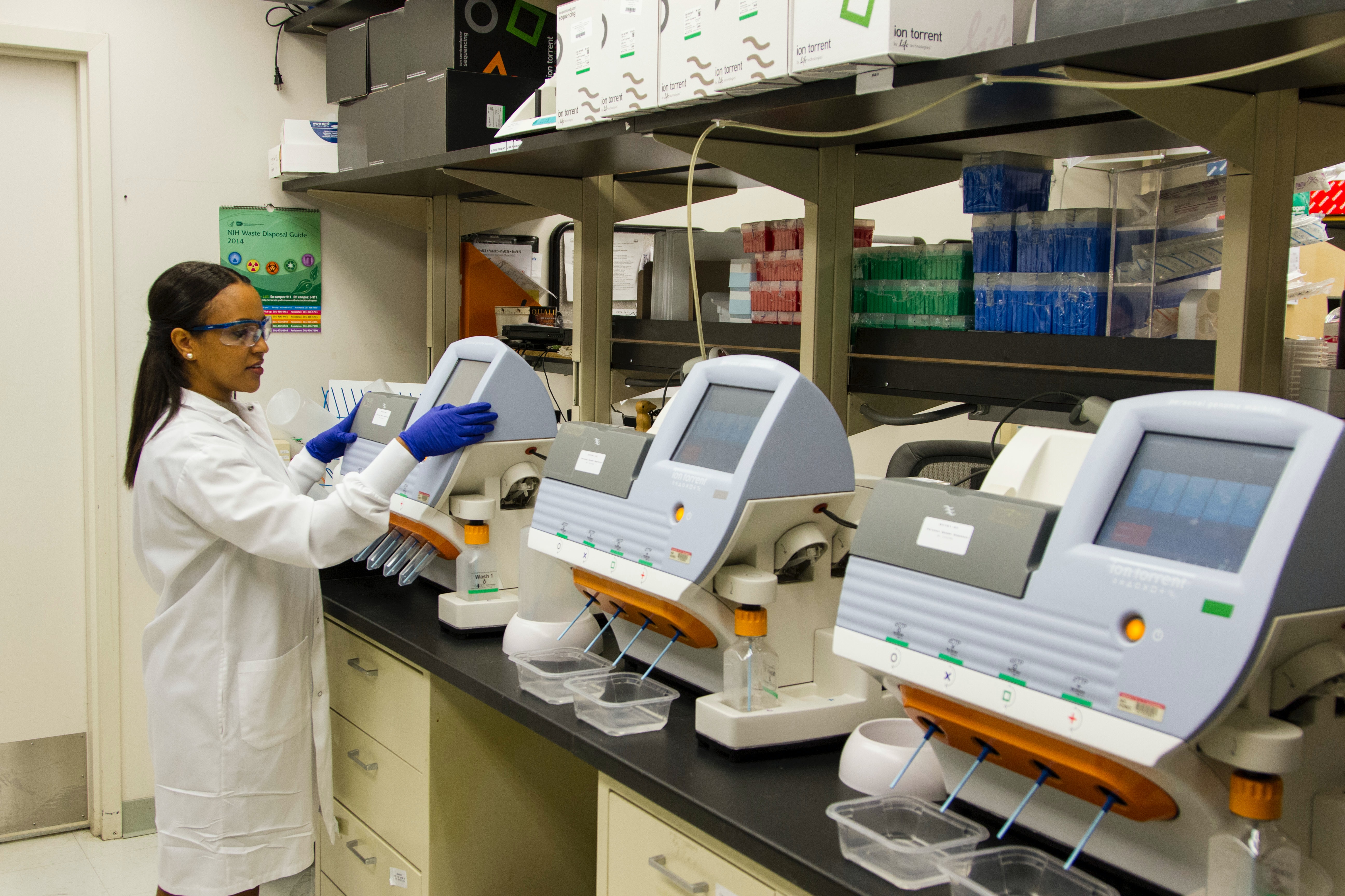 A technician validates genetic variants identified through whole-exome sequencing at the Cancer Genomics Research Laboratory, part of the National Cancer Institute's Division of Cancer Epidemiology and Genetics (DCEG).