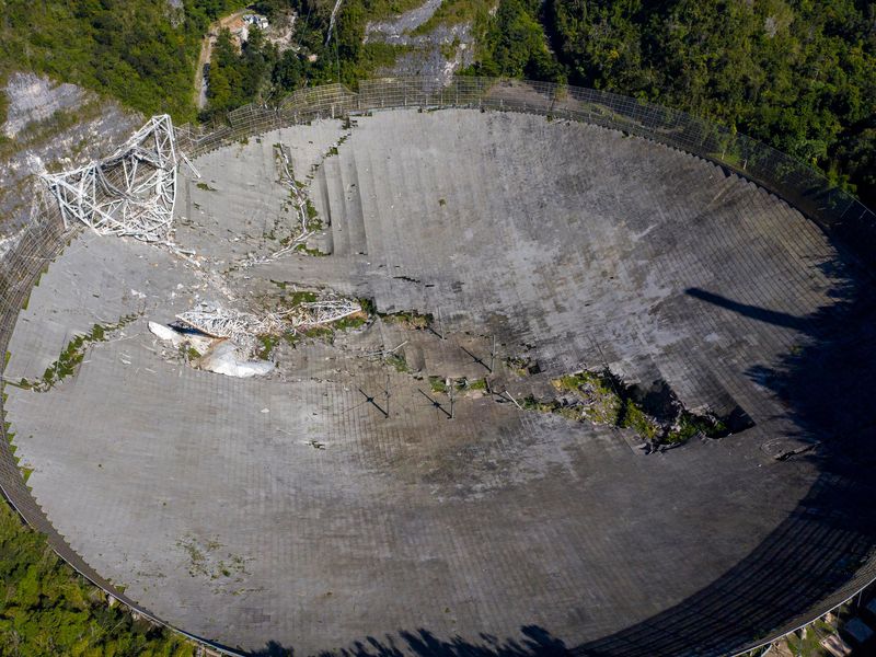 Overhead image of a broken Arecibo Telescope